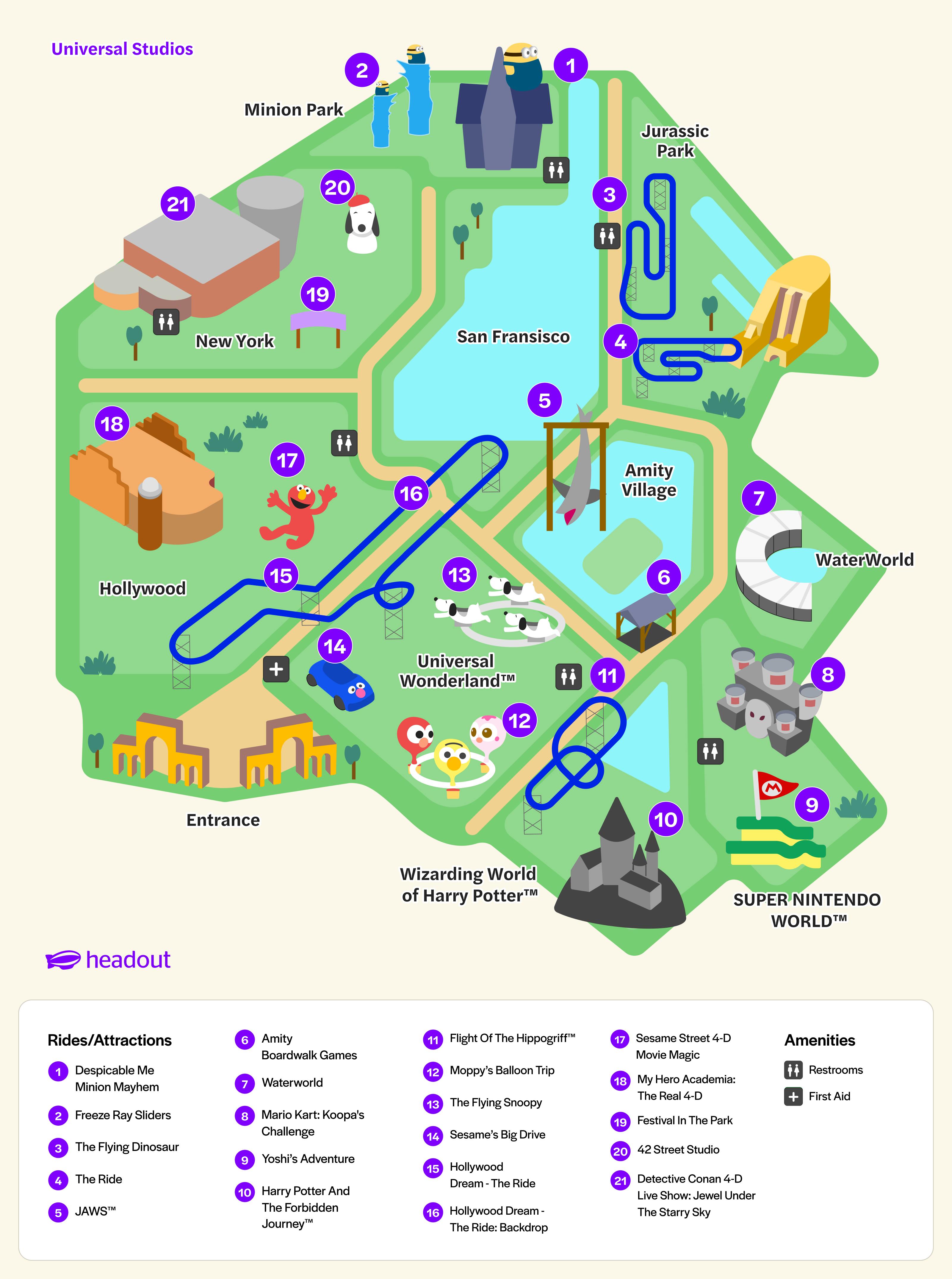 Universal Studios Japan (USJ) Park Map showing attraction numbers and counter-clockwise loop route